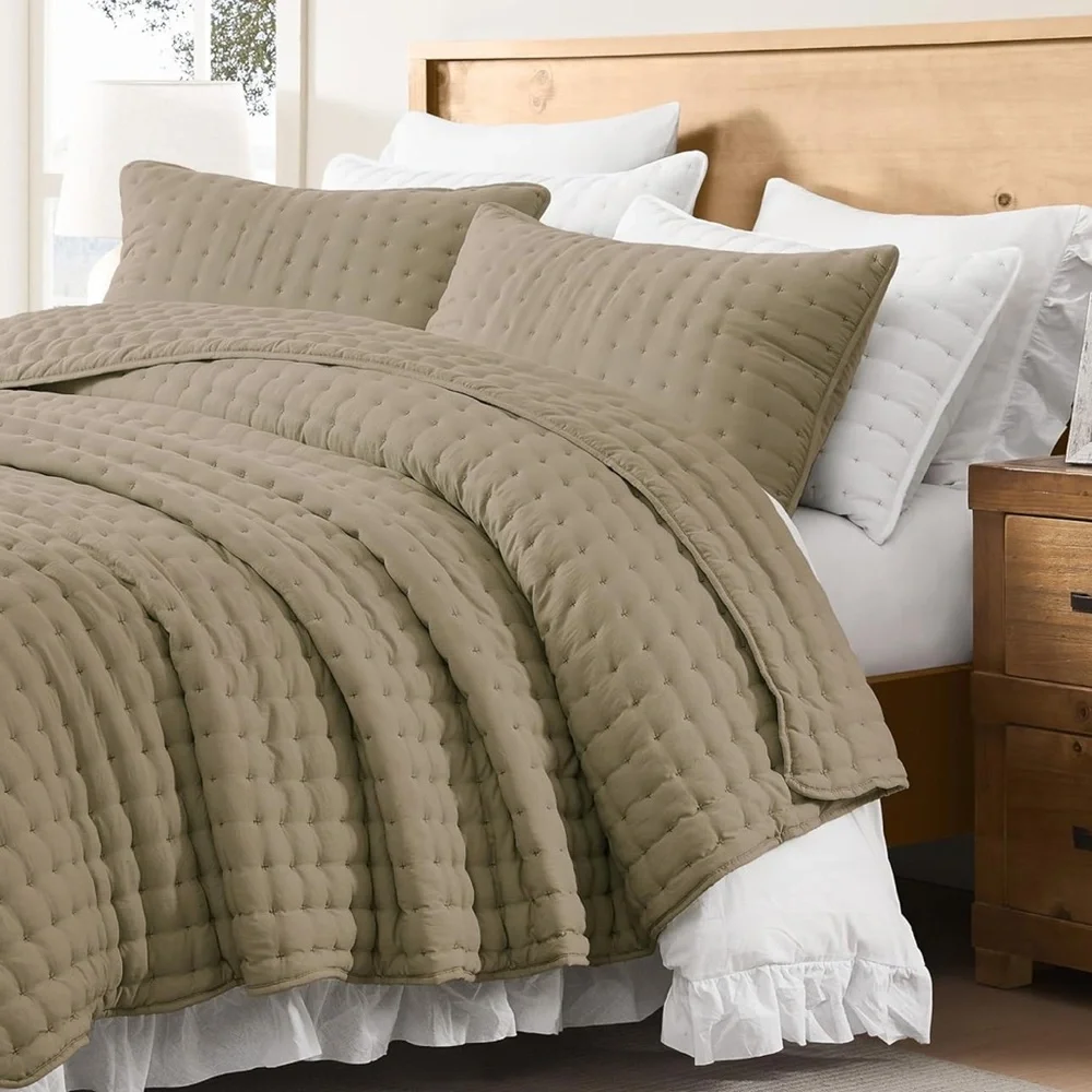 🆕 PB Style Queen Set Tan Latte Quilt Coverlet 3 Piece Pick Stitch Tufted Mocha